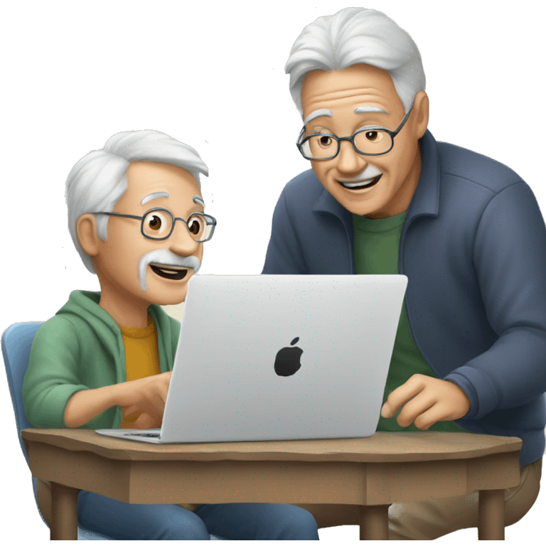 Young guy helping old man to use artificial intelligence on a MacBook  computer emoji