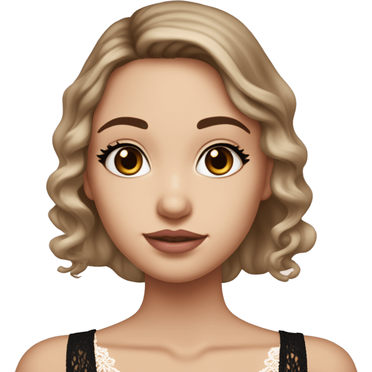 fair-skinned girl with black, slim shaped eyes and long lashes. long, dark brown hair In a wavy/blowout style. wearing a delicate white lace tank top and a dainty gold necklace, plump light pink lips. emoji