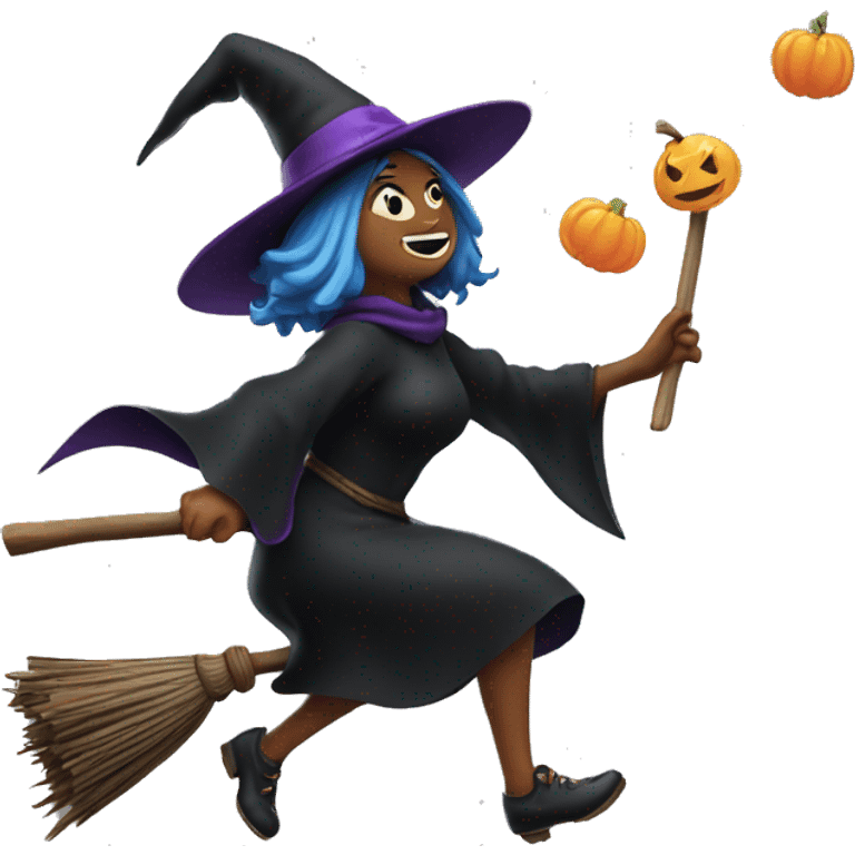 witch, flying to the left on a broom, throwing candy. emoji