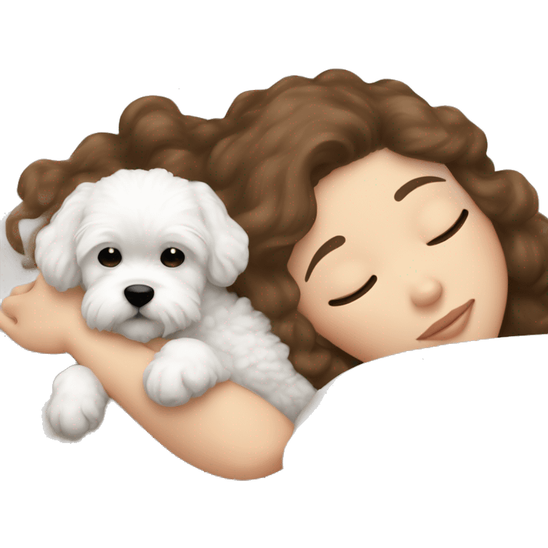 White girl brown hair sleeping with Mini Bichon emoji