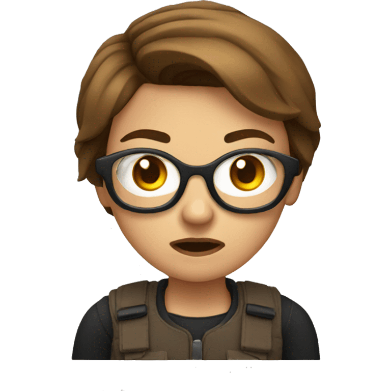 A FEMALE EMOJI, WITH A ANGRY FACE, SQUARED GOOGLES AND SHORT BROWN HAIR emoji