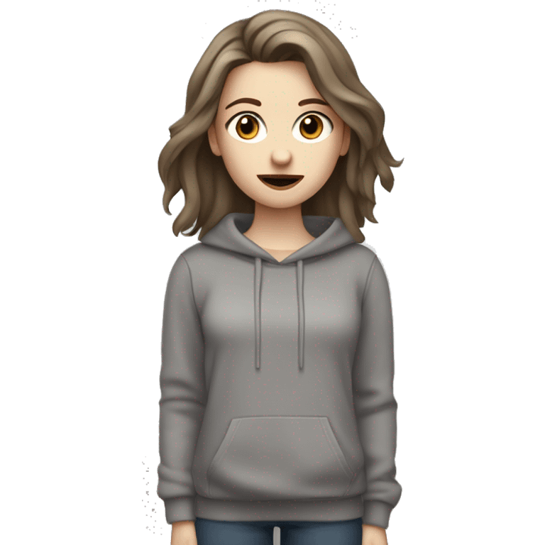 a girl wearing a grey sweatshirt, with brown long layered middle parted hair, hazel eyes, pale skin, dark lips, singing into a microphone emoji