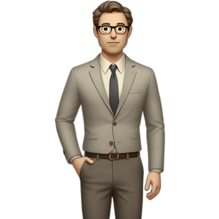 Full height Gesticulating Pale skinned fit man with dark brown hair in gray jacket, beige office shirt, brown tie, brown pants and vintage glasses. emoji