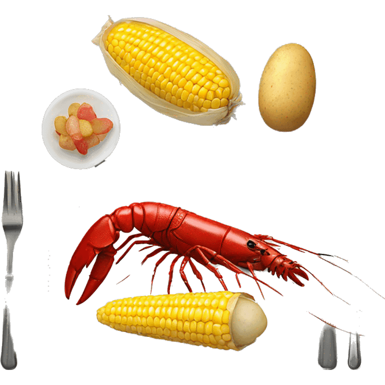 single FULL image of two crawfish, corn on the cob,and small potato on plate emoji