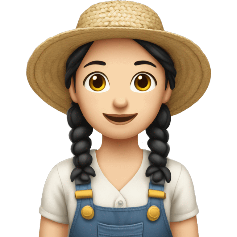 A farmer girl with black pigtails but white skin wearing a straw hat. emoji