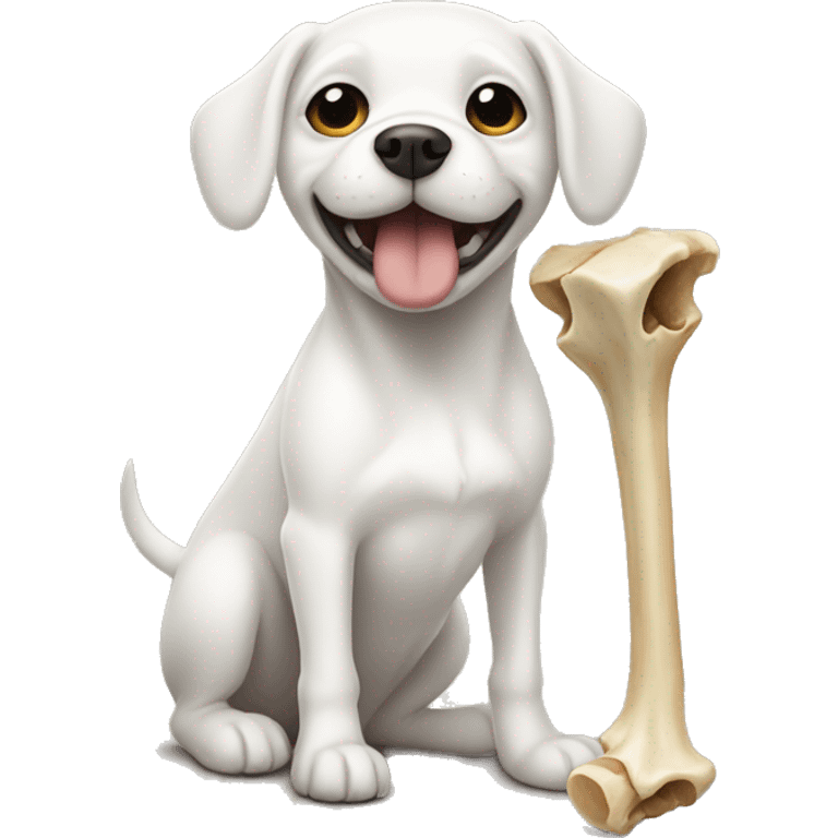 A tiny white three legged dog with a giant bone  emoji