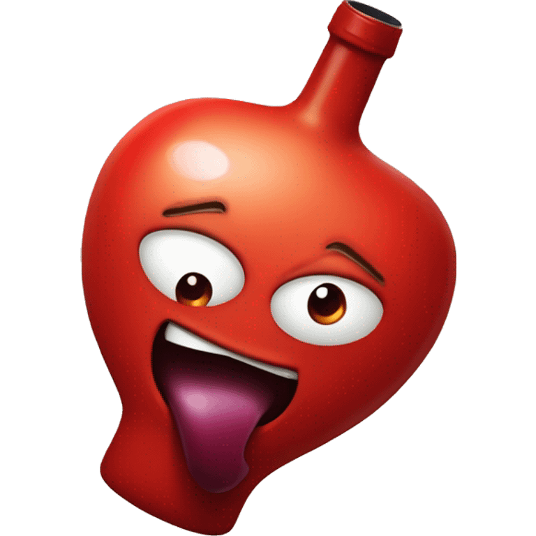 A red ❤️ hearth with eyes and a mouth, looking tipsy and wobbly, holding a wine bottle in one hand, with a playful and drunken expression, surrounded by a soft, blurred background emoji