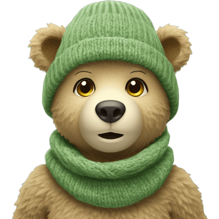 Cute Bear with knitted Sage green hat without scarf emoji