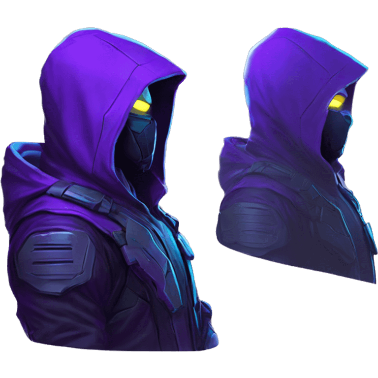 Side view developer behind his laptop with this style : crysis Cyberpunk Valorant neon glowing bright purple character purple violet black hooded assassin themed character emoji