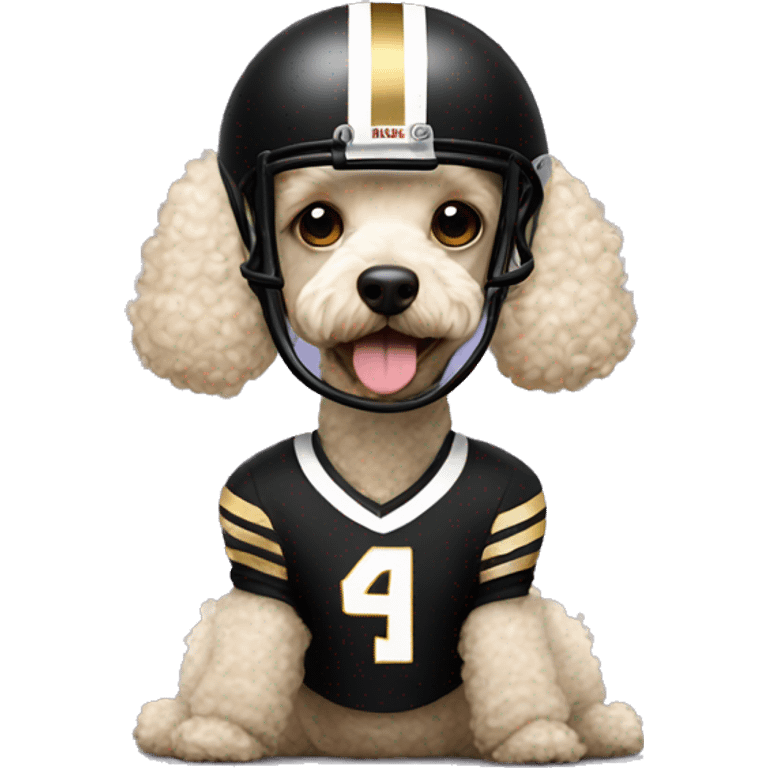 Poodle wearing a black football helmet with gold stripe emoji