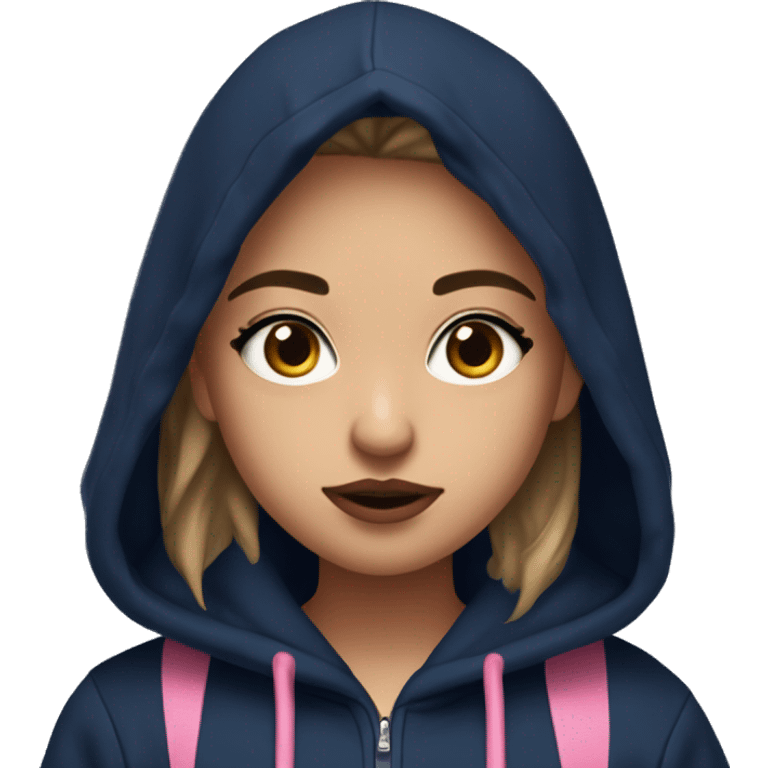 A giner girl with lashes ans brown eyes confused and wearing a navy blue hoddie with light skin and pink lips and she has a parooy on her shoulders emoji