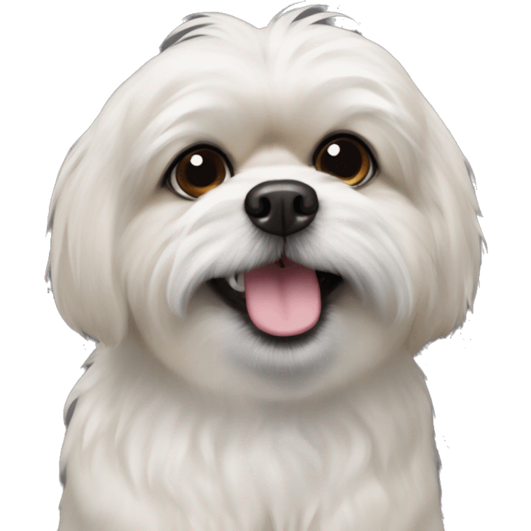 Pekingese poodle mix black dog with white chest only and underbite with teeth showing  emoji