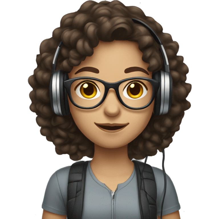 Caucasian girl with long dark brown curly hair, glasses, and headphones on emoji