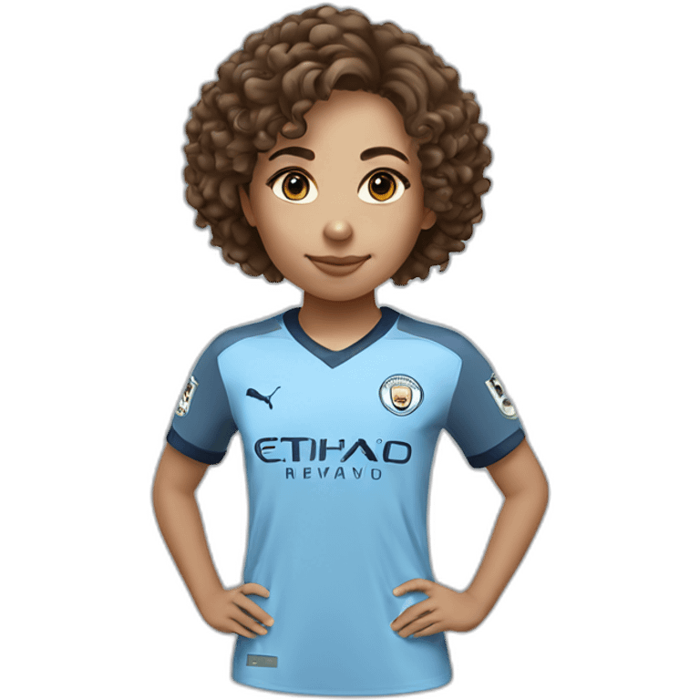 girl with short curly brown hair and eyes wearing Manchester City football shirt emoji