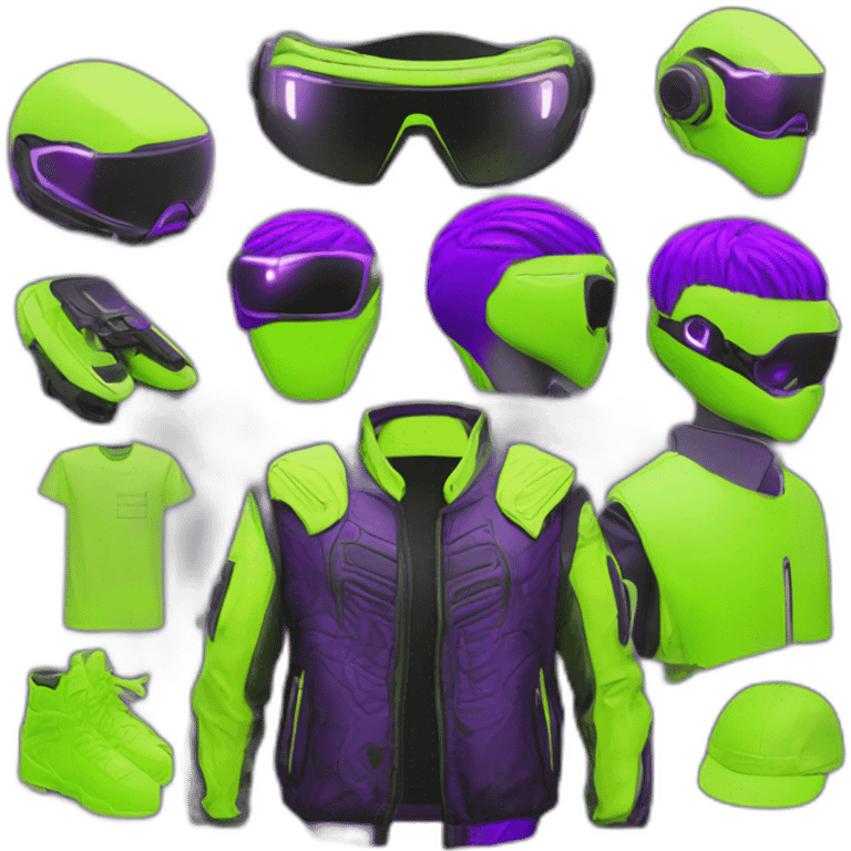 3D Emoji of a techwear Futuristic streetwear metaverse high tech clothes Lemon green and purple neon READY PLAYER ONE matrix Cyberpunk emoji