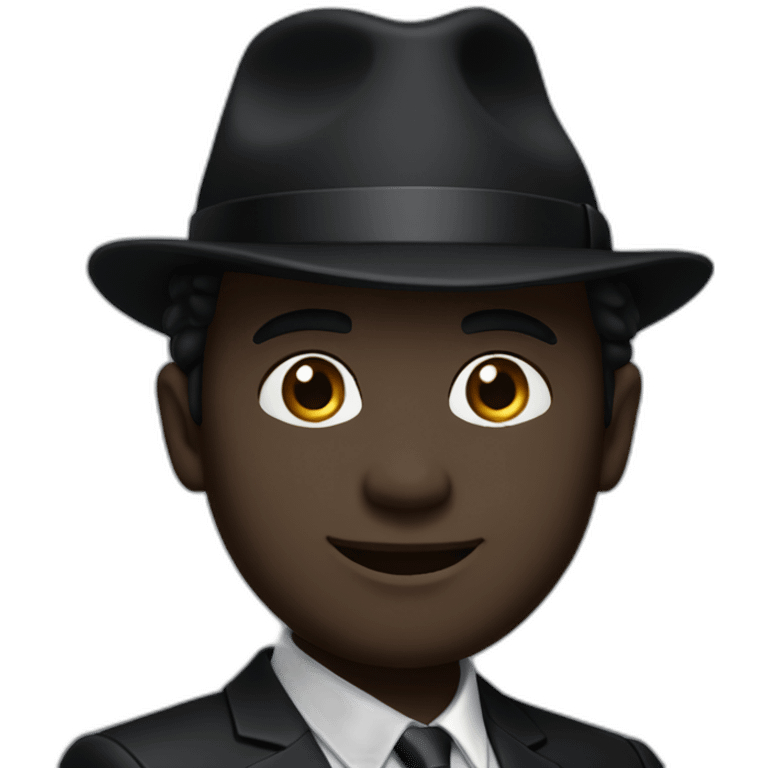 Man with cobalt black skin wearing a black formal suit with a black tie, wearing a fedora with a white stripe on it. emoji