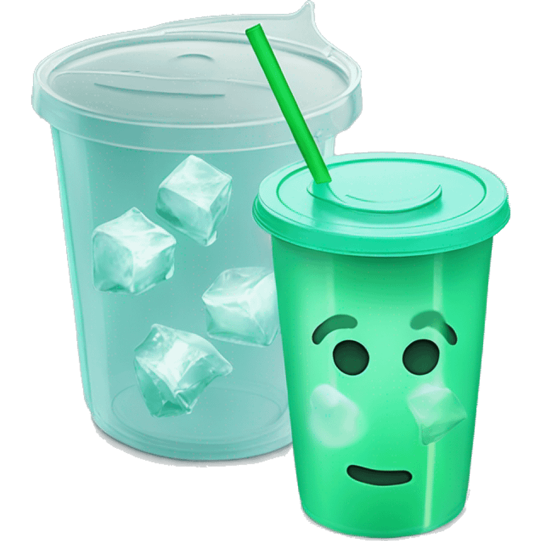 Realistic plastic cup and lid with Transluscent mint green and large ice cubes inside and one straw through the top of the lid. emoji