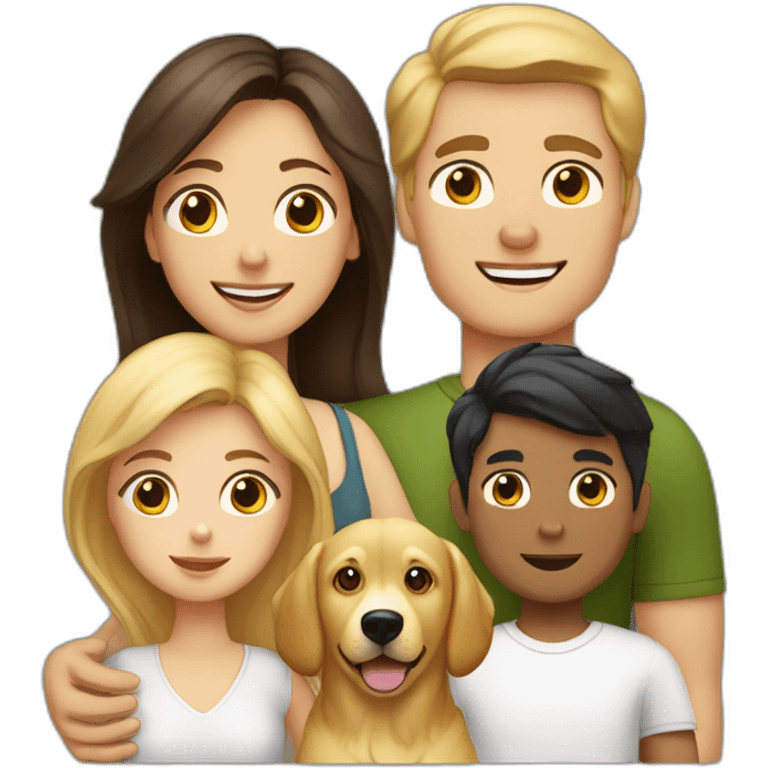 white family of mom with blonde hair, dad with dark hair, 1 boy child with blonde hair, 1 girl child with dark hair, 1 boy child with dark hair, and 2 golden retrievers emoji