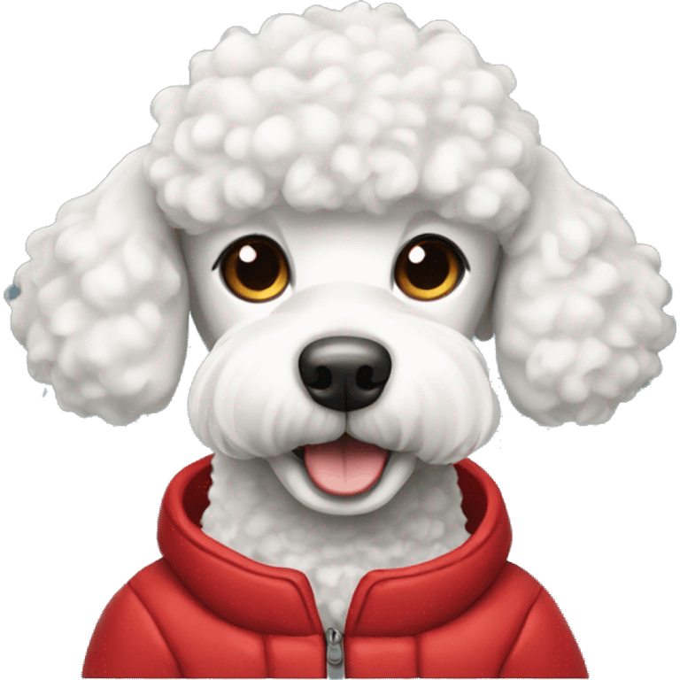 White poodle wearing red winter jacket emoji