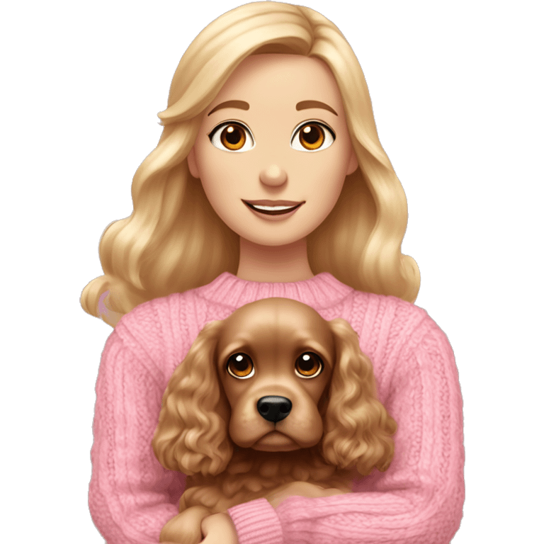 A beautiful blonde girl with brown eyes wearing a pink cable knit jumper and pink bow in her hair. She’s holding a brown cocker spaniel in her arms. emoji