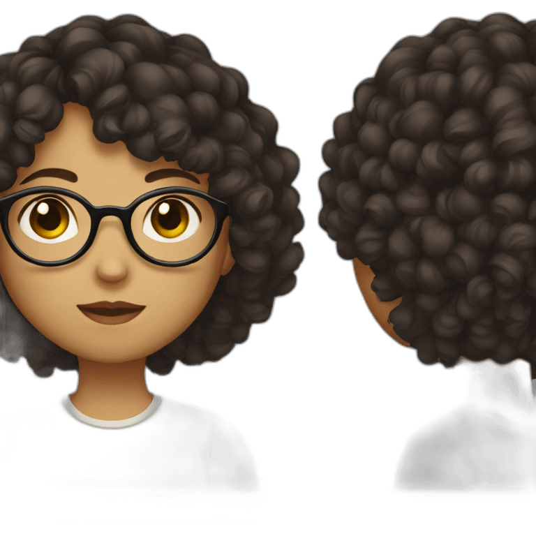 girl with short curly dark brown hair and bangs and she has glasses emoji