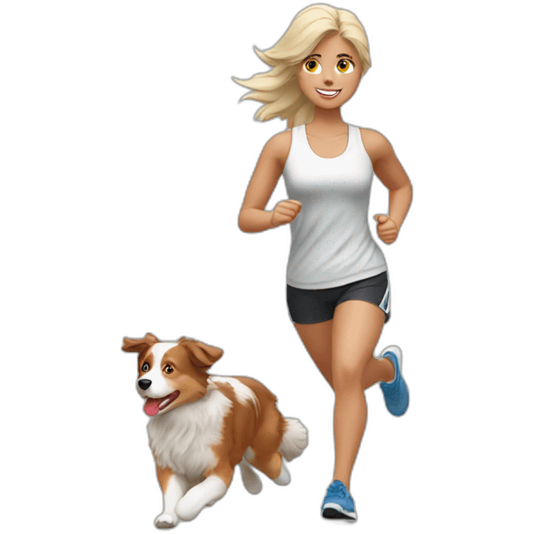 Blond jogging woman with red merle Australian Shepherd emoji