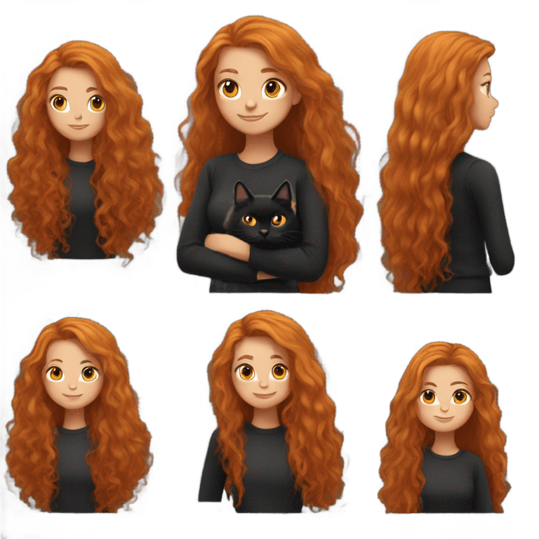 Girl with long ginger hair with fluffy black cat emoji