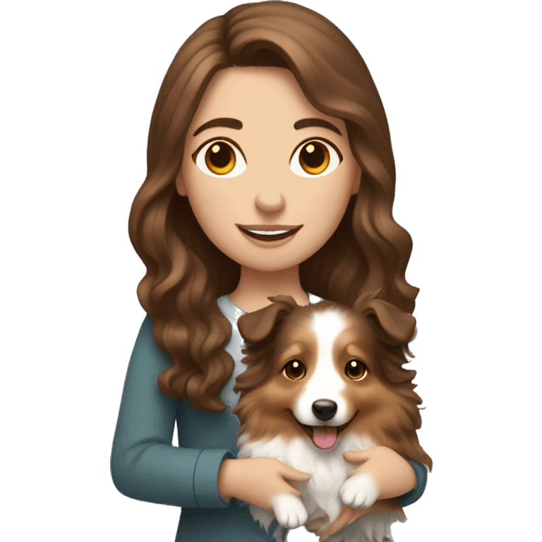 pale girl with wavy brown hair holding a sheltie emoji