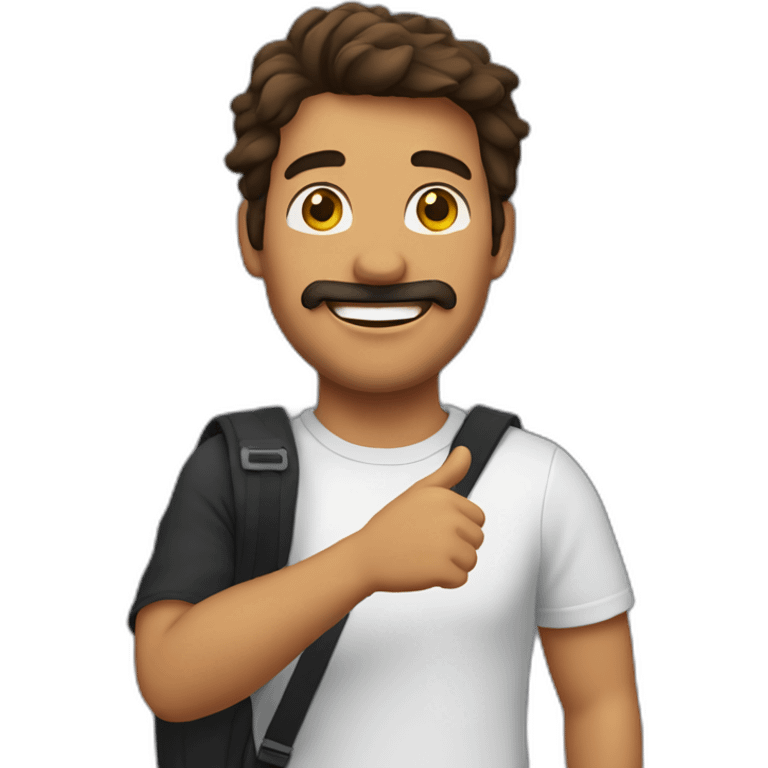 A stereotypical Portuguese young man waving with a big smile, a mustache, a bit of beard on the chin and a brown mullet, wearing a black t-shirt and a chest bag emoji