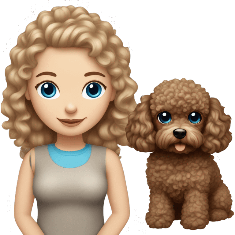 white girl with blue eyes and long curly brown hair with toy poodle dog breed emoji