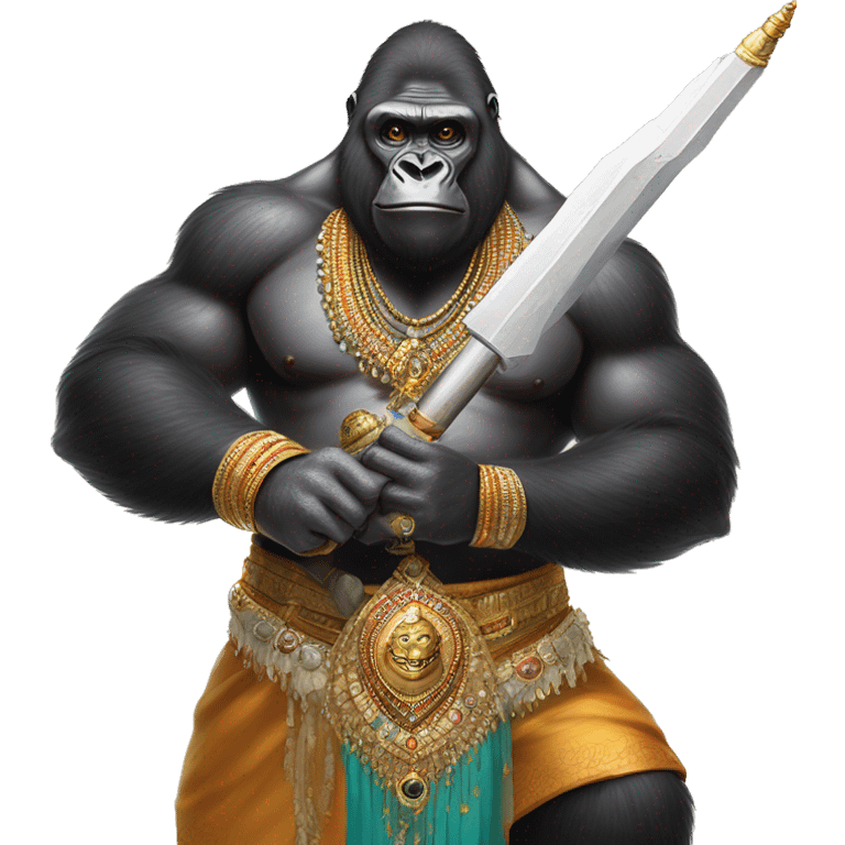 male gorilla with indian male jewellery and  indian traditional wear, holding a  huge weapon, humanoid, holding another  huge weapon  emoji