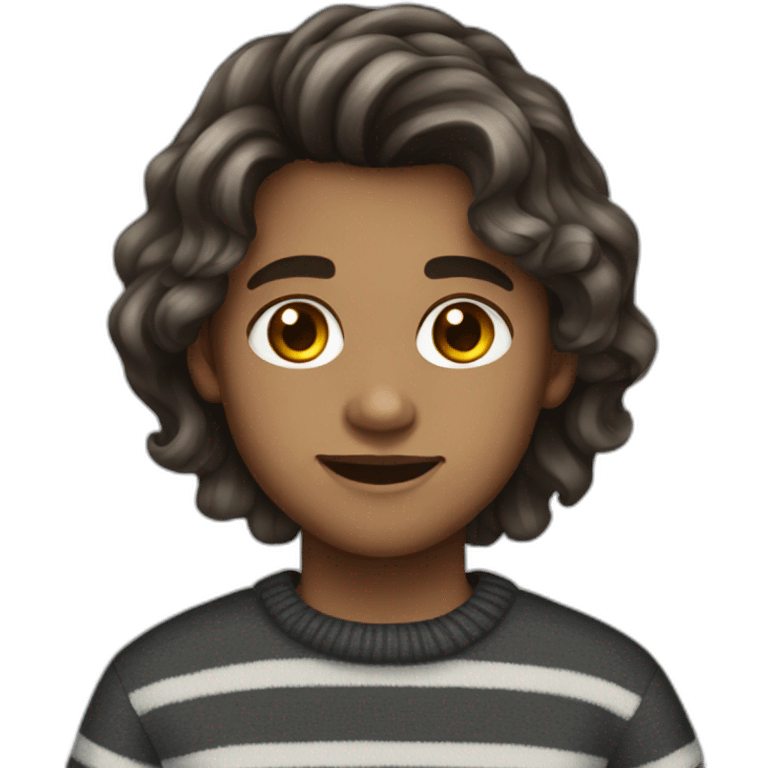 teenager boy brown long wavy hair and dark gray striped sweater emoji