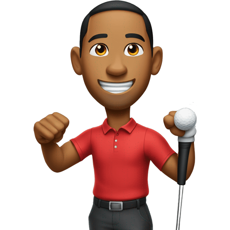 Tiger woods fist pumping while wearing red shirt holding putter in left hand emoji