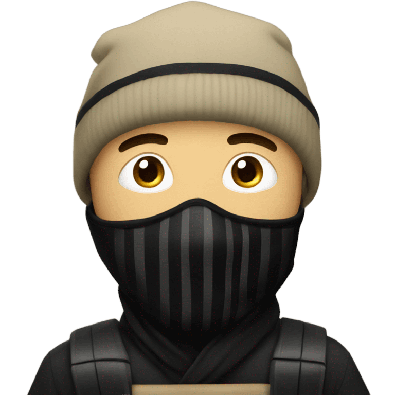 Man wearing a black beanie, white and black horizontal lines, and black mask, holding a khaki sack over his shoulder  emoji