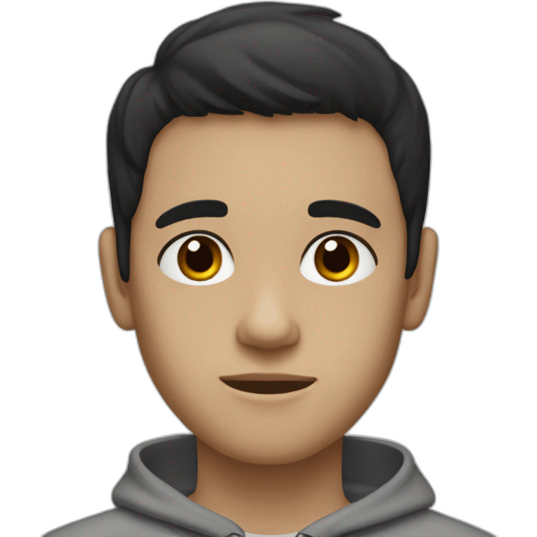 Boy with straight black hair, medium black eyes with a gray sweatshirt, with a thin face and semi-dark white skin emoji