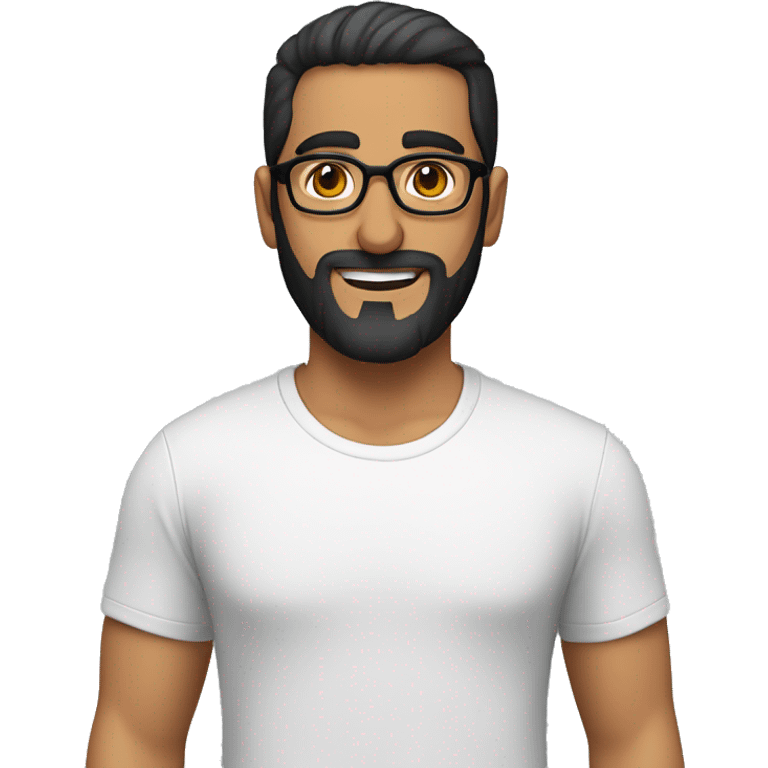 Middle Eastern man wearing t-shirt, black short hair, beard and glasses emoji