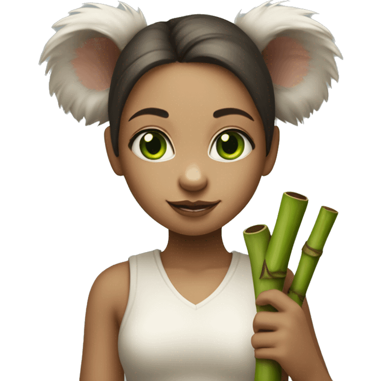 White raced Girl with green eyes and koala ears holding bamboo stick  emoji