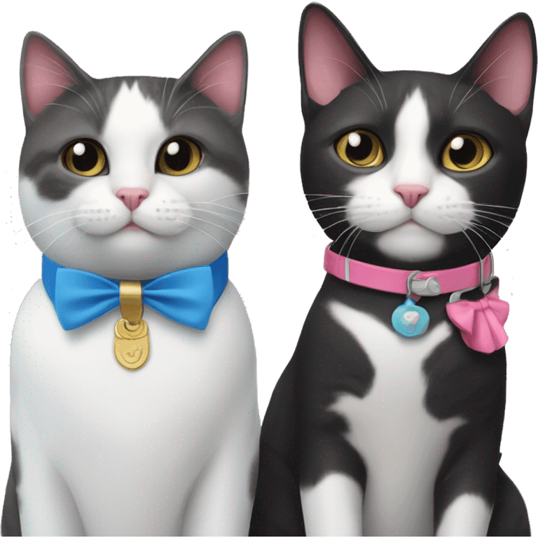 Tuxedo cat with blue collar and tabby cat with pink collar  emoji