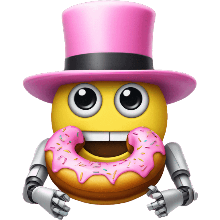 Robot wearing a pink bowler hat with a donut emoji