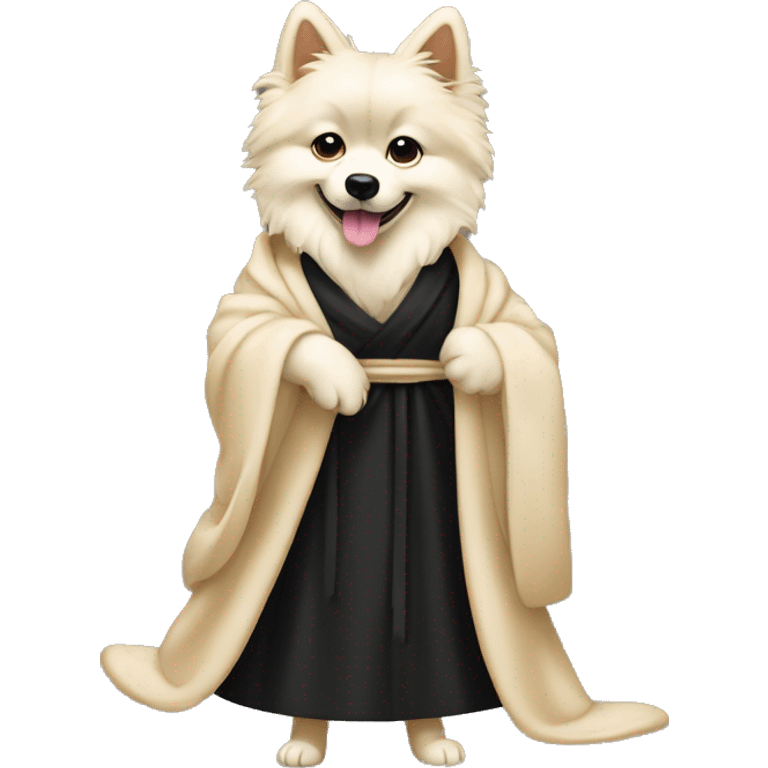 Cream Spitz stands on its hind legs in heels and in a black robe  emoji