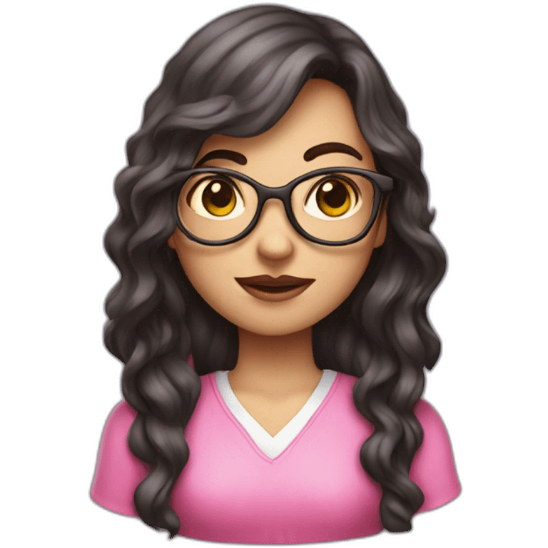 dark wavy long hair nerd girl, wearing a pink dress, pink mouth emoji