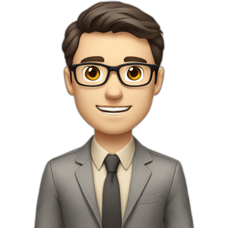 Pale skinned fit man with dark brown hair in gray jacket, beige office shirt, brown tie, brown pants and vintage glasses Writing on the marker board emoji