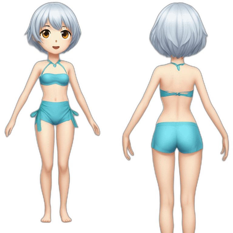 realistic full body rei ayanami nue short hair teen back and front views bikini emoji