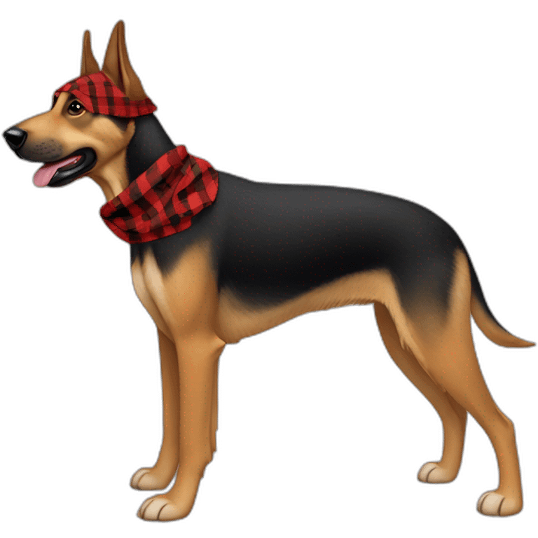 75% Coonhound 25% German Shepherd mix dog wearing small pointed red buffalo plaid bandana pointing down side view full body facing left emoji