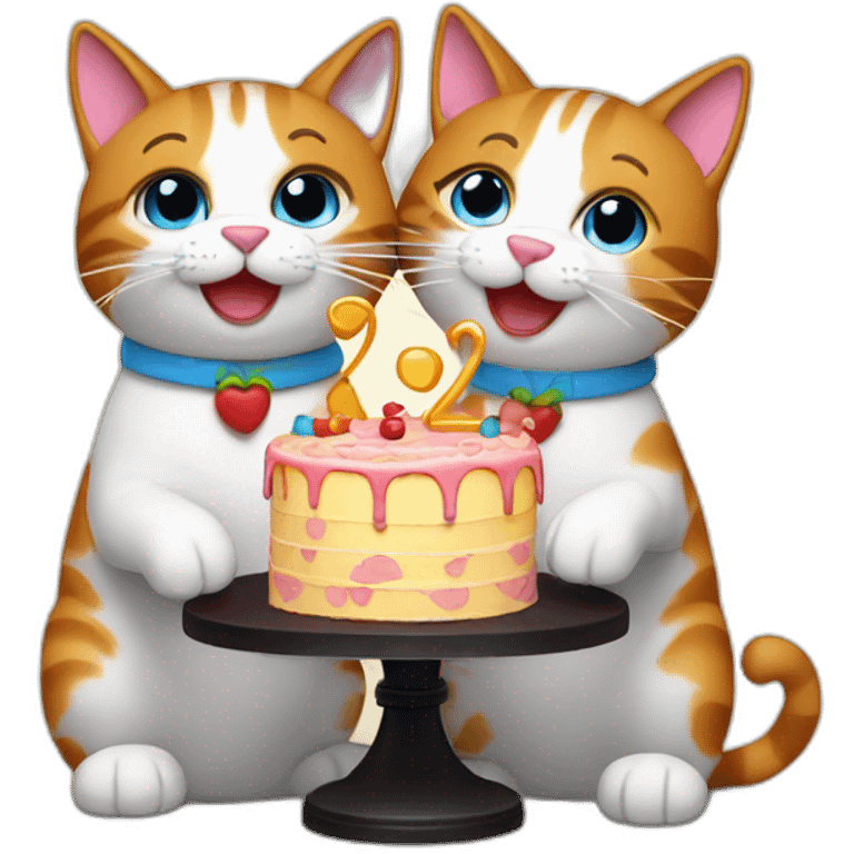 two cats celebrating their 9 year anniversary with a cake emoji