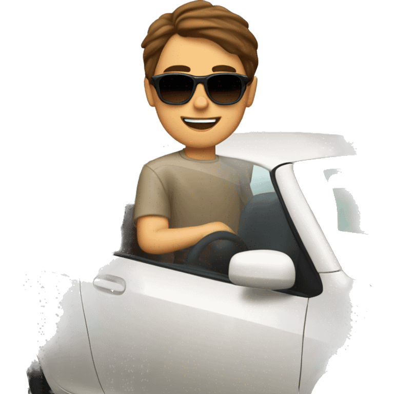 boy with brown hair and sunglasses driving a 1995 white toyota corolla emoji