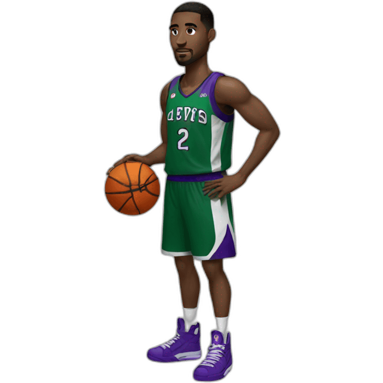 a basketball player in a black, green and purple uniform emoji