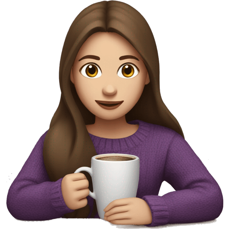 Girl with brown hair in a purple sweater drinking coffee emoji