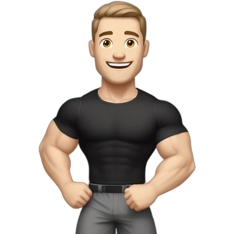 Joyful Celebrating victory Pale skinned Fit Man With the biceps and dark brown hair in black shirt, gray sports shorts and white Sneakers emoji