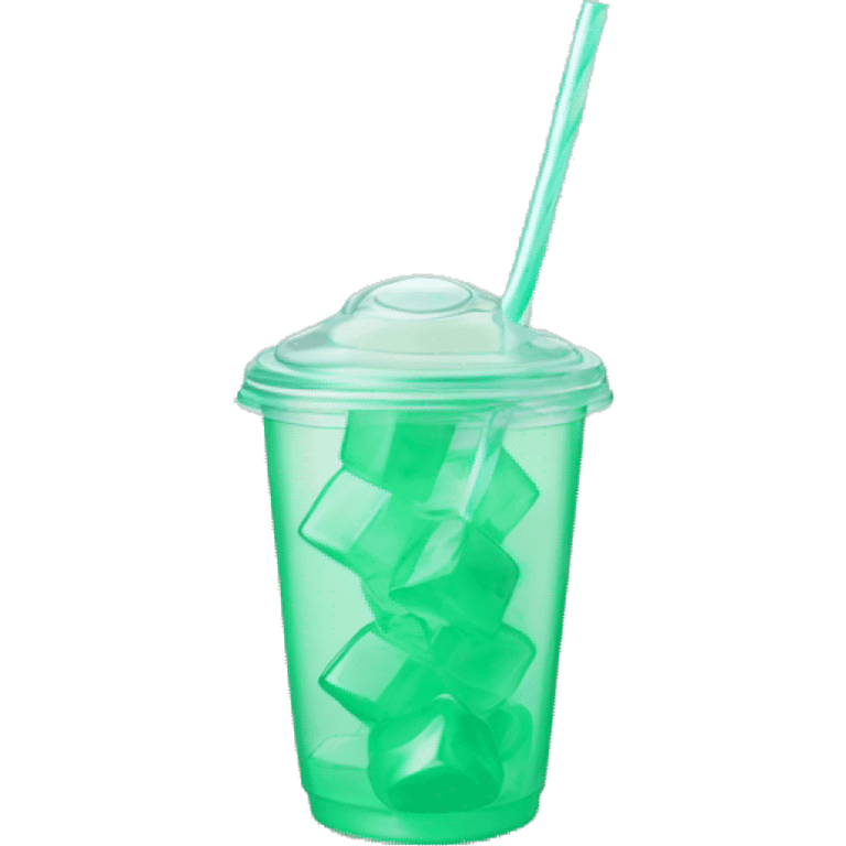 Realistic plastic cup and lid with Transluscent mint green and large ice cubes inside and one straw through the top of the lid. emoji